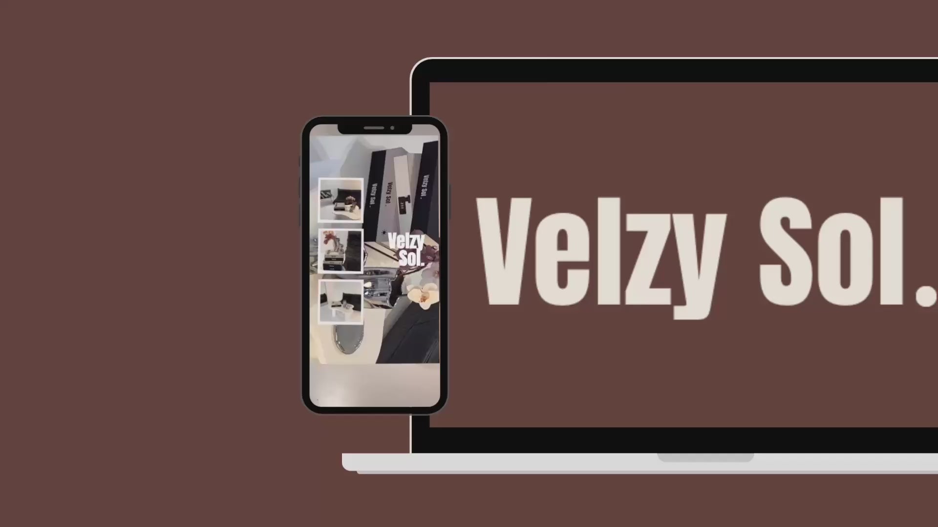 Load video: An iphone and laptop with the Velzy Sol logo on screen and scrolling images of the Velzy Sol book boxes styled on a coffee table.